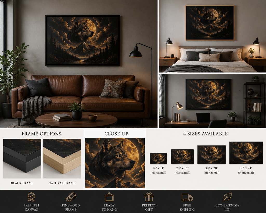 Wolf Moon Framed Canvas Wall Art – Strength, Loyalty & Protection